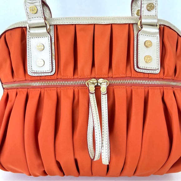 MZ WALLACE Bea Bedford Pleated Orange Nylon Gold Leather Trim Shoulder Bag Tote - Picture 3 of 16